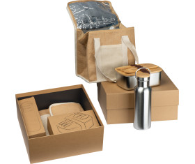 Gift set with drinking bottle, lunch box and jute cooler bag Reims